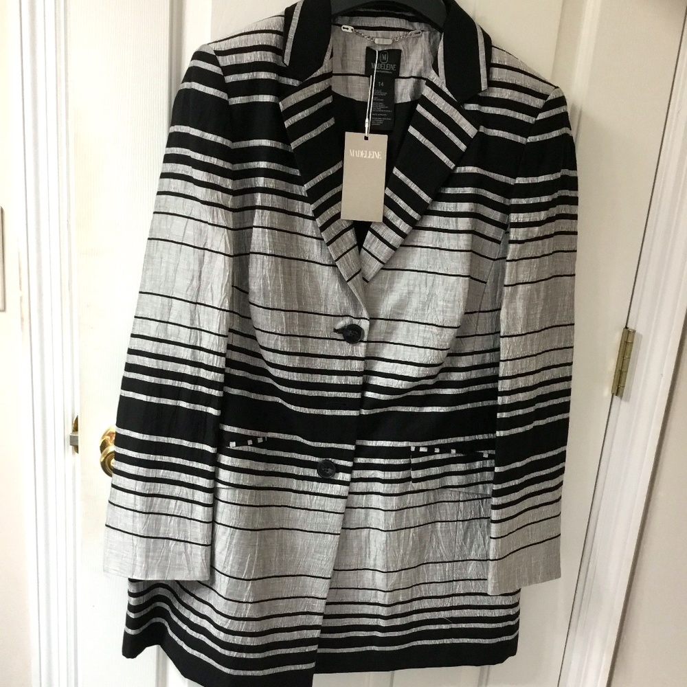 Madeleine Striped Linen&Polyester Blazer, Black&Gray Long Length, NWT, Size 14